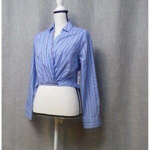 And Now This Women's Cotton Faux-Wrap Crop Top, M, Blue White Strap